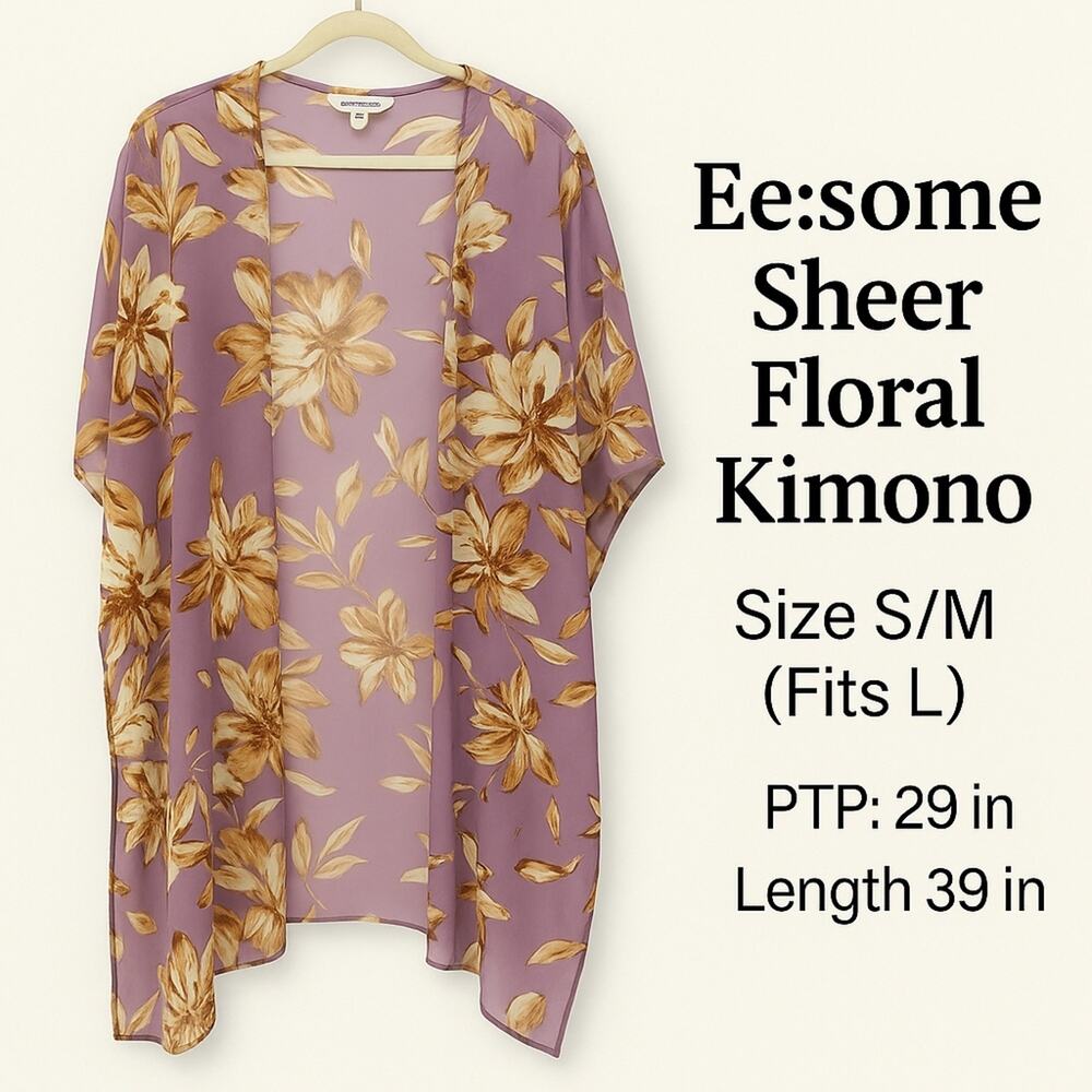 Ee:some Sheer Lavender Floral Kimono – Size S/M (Fits L)